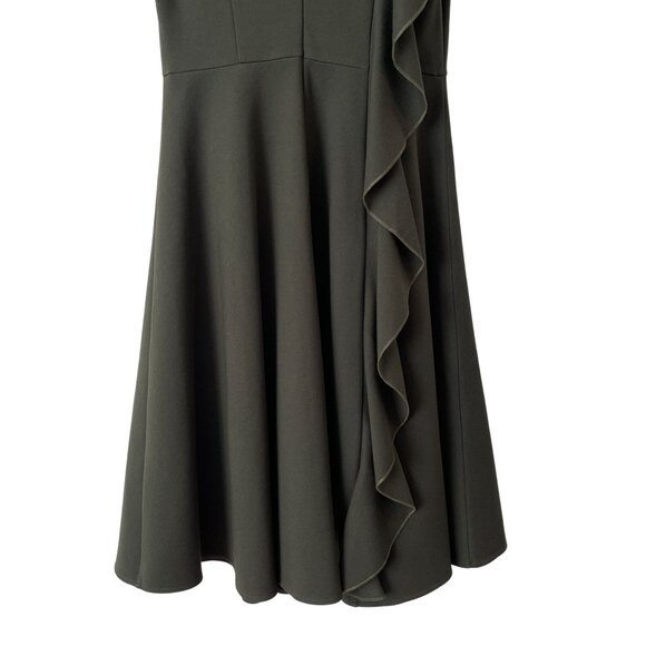 Few Moda Size S Side Ruffle Midi A-Line Flare Dress Green Olive Career - Picture 6 of 9